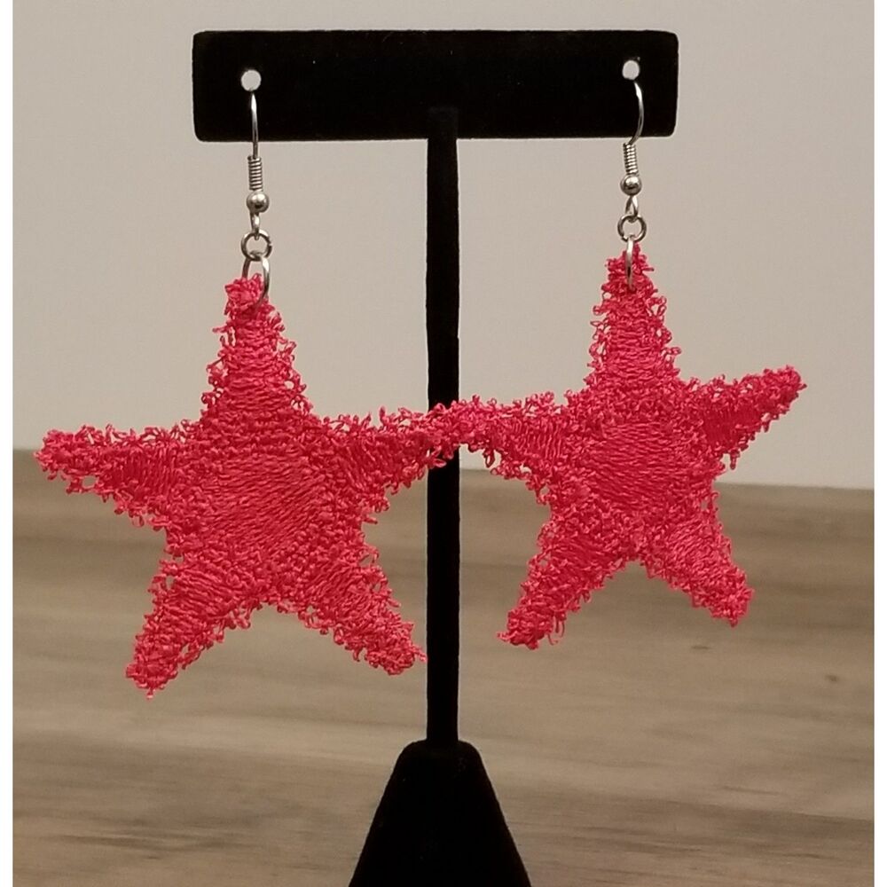 Red Statement Star Earrings – Bold Textured Dangle Earrings